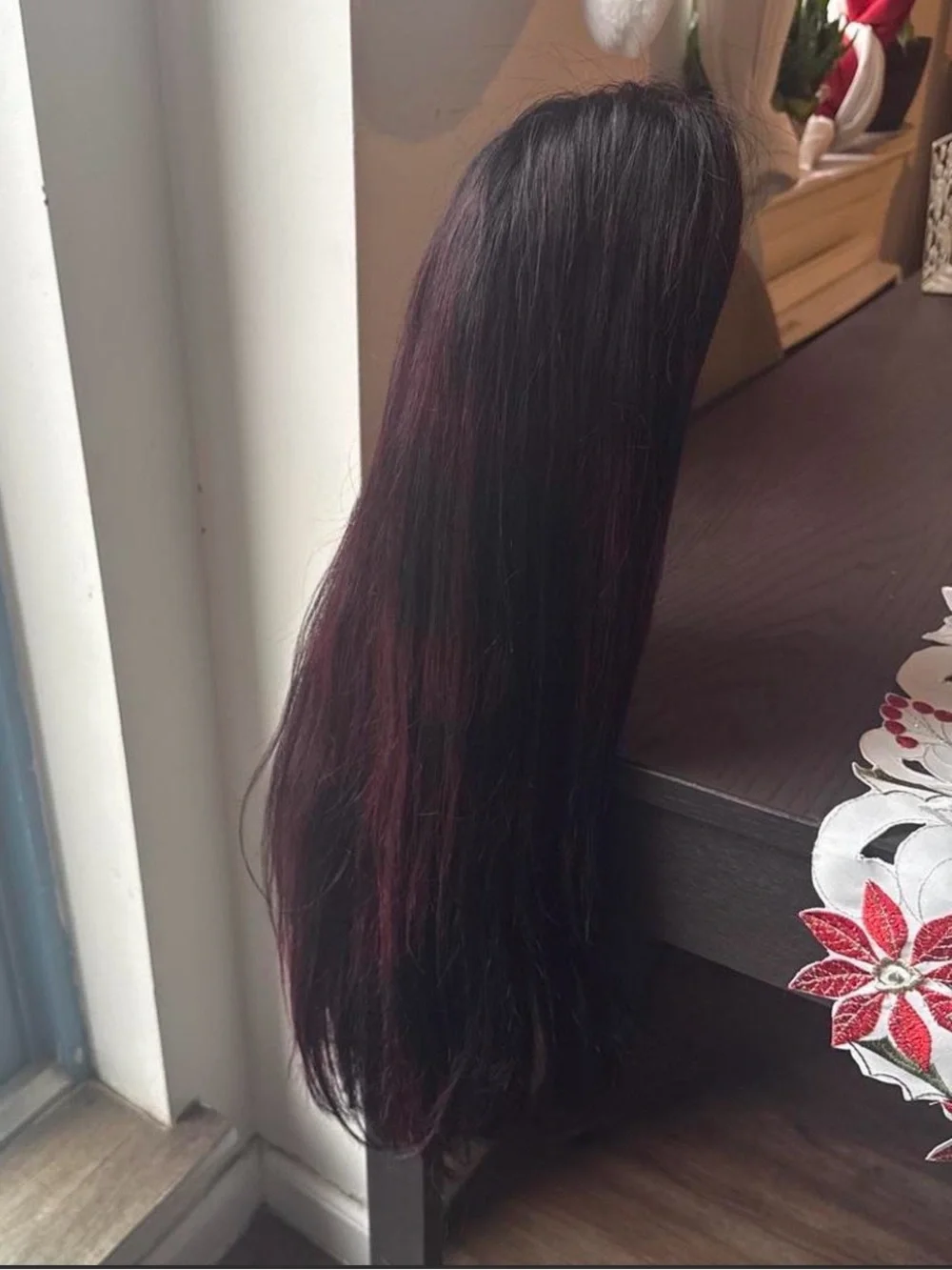 Black with Burgundy Highlights Women’s Long human hair Wig
